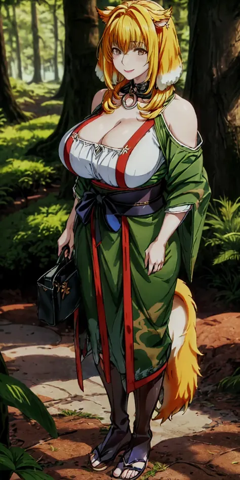 (japanese girl), ((fluffy dog ears)), ((very muscular)), huge breast, animal print clothes, ((blonde hair)), thick eyebrow, (Japanese ONI), in a forest in japan, Japanese clothes, smirking lustful smile, full body of a woman in a dress with a veil, feet to...