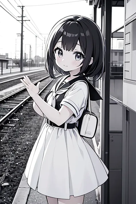 Anime Girls waving with train in background, cute Anime Girls, Cute girl anime visuals, Kantai Collection Style, (Anime Girls), young Anime Girls, Anime Girls, Beautiful anime school girl, Black and white manga style, an Anime Girls, monochrome artwork!!, ...