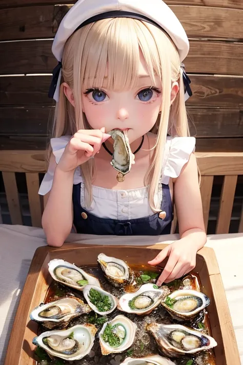 Oyster girl eating raw oysters