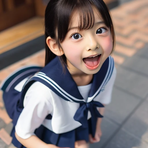 Japanese,10 years old,Summer Sailor Uniform,mini skirt,whole body,Look Up,Looking up,Cross-eyed,Cross-eyed,Open your mouth wide,Sticking out tongue,Showing tongue,cute