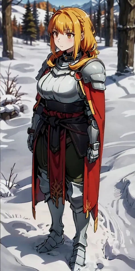 full body standing straight symmetrical, FEMALE warrior princess, big belt around waist, hair, very white skin like snow, wearing full heavy armor red cape, brown leather boots, adventurer outfit, veteran warrior