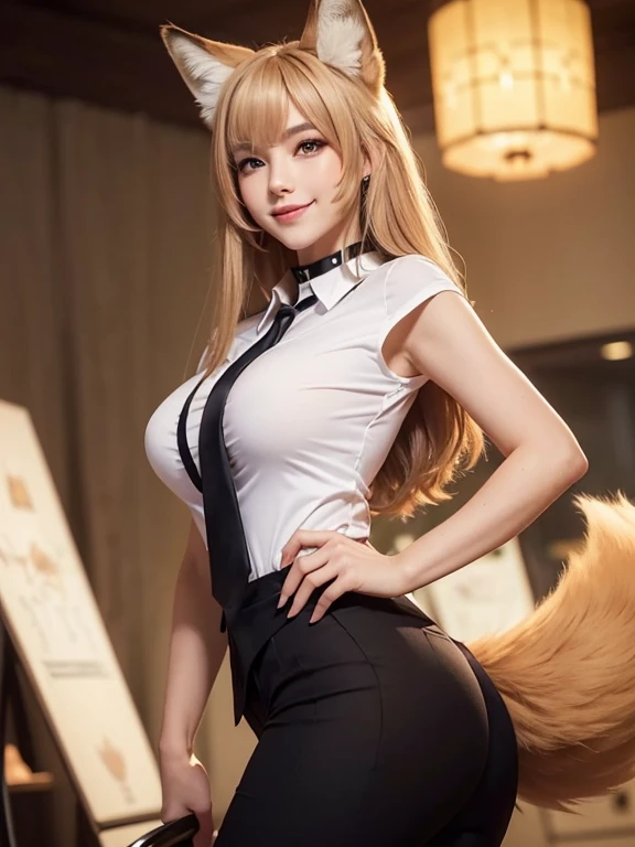 ((highest quality, 32k)), ((masterpiece)), (Get used to it), Perfect Face, Fox Girl, Beautiful woman, public, There is a tail, she has a fox tail, She wags her fluffy tail, smile, collar, She wears a business suit, Beautiful hip line, A tail sticking out f...