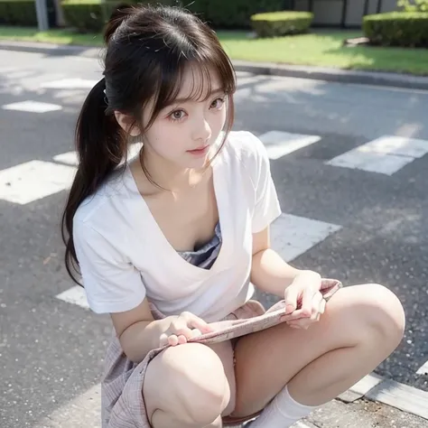 highest quality, Ultra-high resolution, Highly detailed skin, Physically Based Rendering,Down blouse,((from below))) ,(((Young face of 18 years old,Japanese high school girl、Place both hands on the ground、Leaning forward,naked,No bra)))(((panty shot.showin...