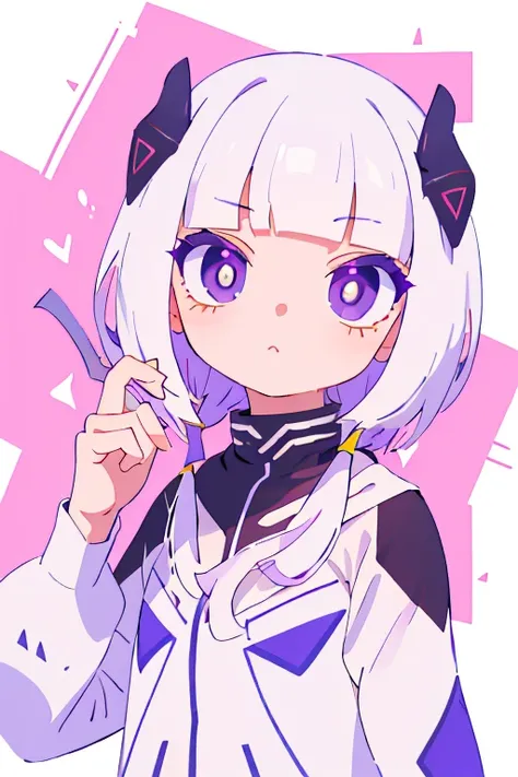 (main part, the best quality at its best:1.2), 1 girl, the hair has small purple horns, big white hair, purple eyes, white and l...