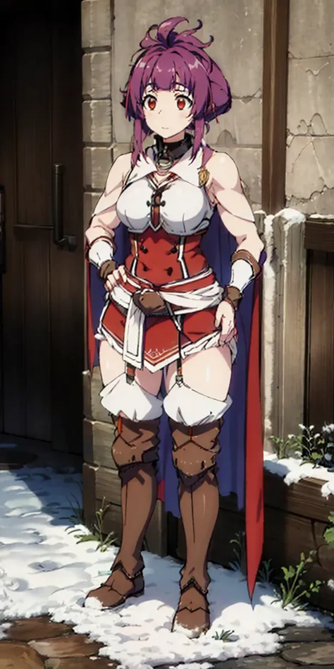 full body standing straight symmetrical, FEMALE warrior princess, big belt around waist, hair, very white skin like snow, wearing full heavy armor red cape, brown leather boots, adventurer outfit, veteran warrior