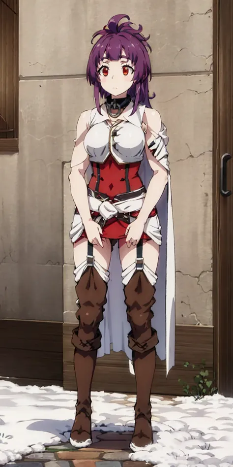 full body standing straight symmetrical, FEMALE warrior princess, big belt around waist, hair, very white skin like snow, wearing full heavy armor red cape, brown leather boots, adventurer outfit, veteran warrior