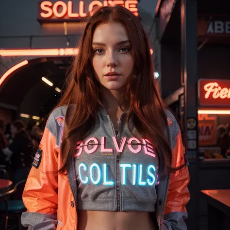  A realistic beautiful woman with long red hair posing in front of a colorful neon light display. She is wearing a light gray jacket or uniform with some text printed on it. The lighting creates a vibrant, futuristic atmosphere with blues, pinks, and orang...