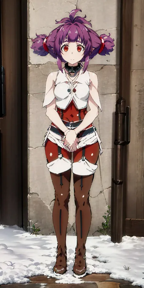 full body standing straight symmetrical, FEMALE warrior princess, big belt around waist, hair, very white skin like snow, wearing full heavy armor red cape, brown leather boots, adventurer outfit, veteran warrior