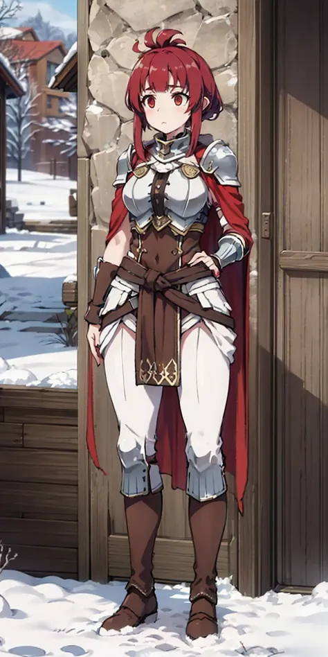 full body standing straight symmetrical, FEMALE warrior princess, big belt around waist, hair, very white skin like snow, wearing full heavy armor red cape, brown leather boots, adventurer outfit, veteran warrior