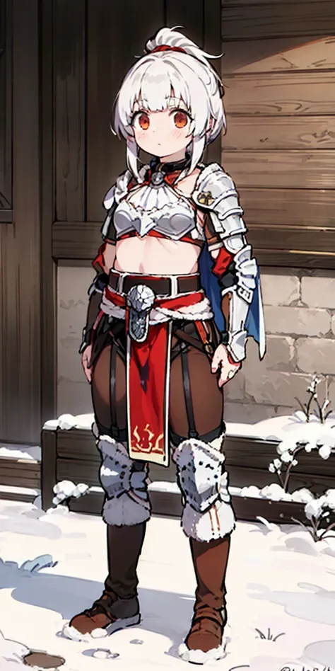 full body standing straight symmetrical, FEMALE warrior princess, big belt around waist, hair, very white skin like snow, wearing full heavy armor red cape, brown leather boots, adventurer outfit, veteran warrior