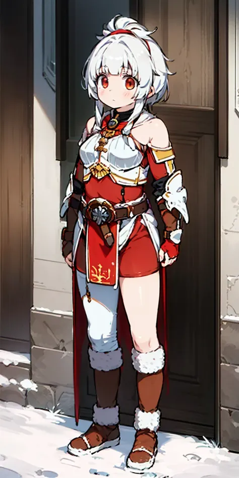 full body standing straight symmetrical, FEMALE warrior princess, big belt around waist, hair, very white skin like snow, wearing full heavy armor red cape, brown leather boots, adventurer outfit, veteran warrior