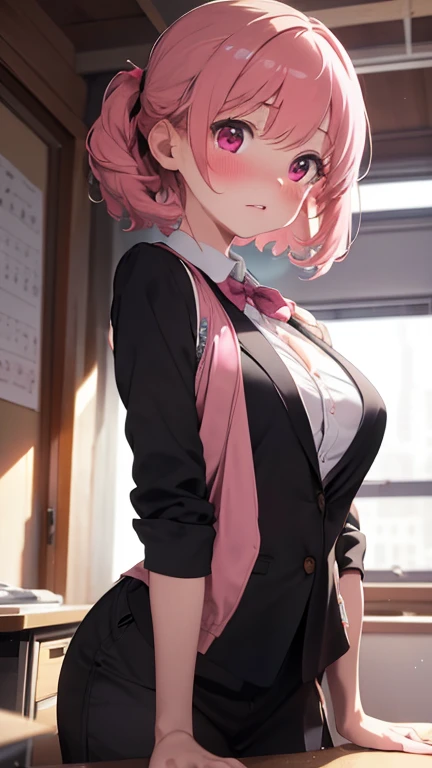 Masterpiece,highest quality,Very detailed,8k CG,
Photograph the upper body,1 Female,(Arms behind back:1.2),Are standing,Body facing forward,View your viewers,(blazer),
blush,shy,(trembling:1.2),Pink Hair,Open your mouth,Large Breasts,classroom,