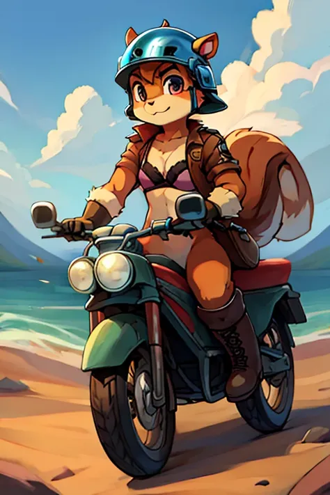 boy, squirrel, furry, bodyfur, bra, bottomless, gloves, boots, ride, helmet