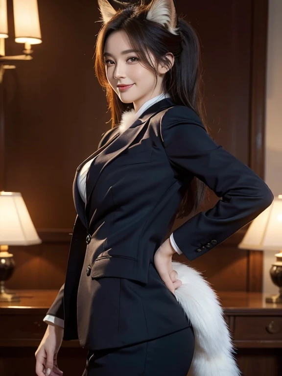 ((highest quality, 32k)), ((masterpiece)), (Get used to it), Perfect Face, Fox Woman, Beautiful woman, public, There is a tail, she has a fox tail, She wags her fluffy tail, smile, collar, She wears a business suit, Beautiful hip line, A tail sticking out ...