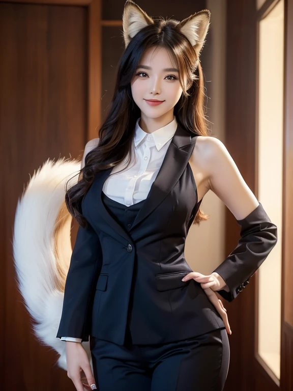 ((highest quality, 32k)), ((masterpiece)), (Get used to it), Perfect Face, Fox Girl, Beautiful woman, public, There is a tail, she has a fox tail, She wags her fluffy tail, smile, collar, She wears a business suit, Beautiful hip line, A tail sticking out f...