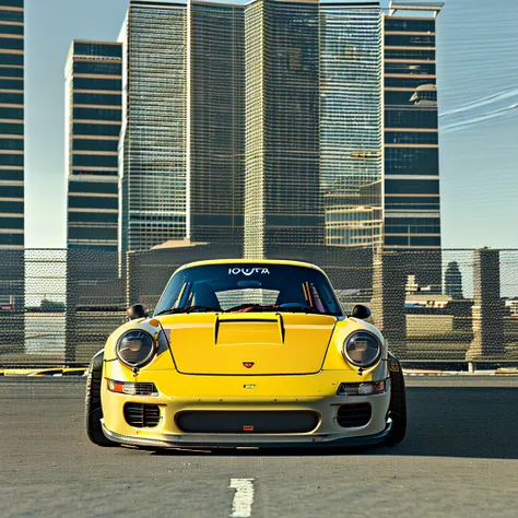 retrowave. City, Porsche 911 rwb,carrying a lot of things, large wheels, slammed, wide body kit, Road, yelow neon monitor light, Sun, Mountain, (Masterpiece, Detailed, A high resolution)