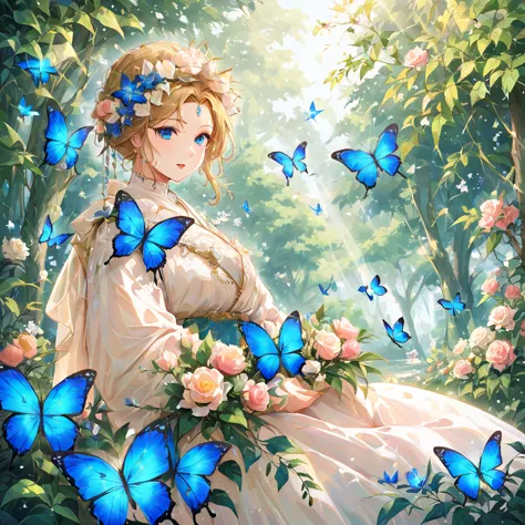 the prompt for the image is "blue madame butterfly".
"(best quality, 4k, highres), vibrant blue butterfly with intricate, irides...