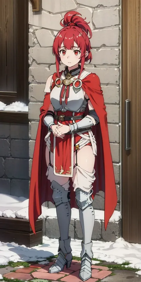 full body standing straight symmetrical, FEMALE warrior princess, big belt around waist, hair, very white skin like snow, wearing full heavy armor red cape, brown leather boots, adventurer outfit, veteran warrior