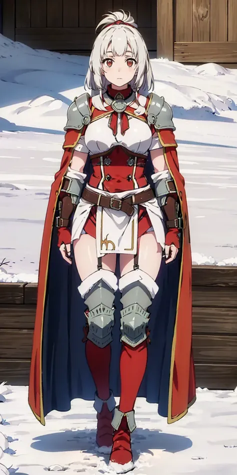 full body standing straight symmetrical, FEMALE warrior princess, big belt around waist, hair, very white skin like snow, wearing full heavy armor red cape, brown leather boots, adventurer outfit, veteran warrior