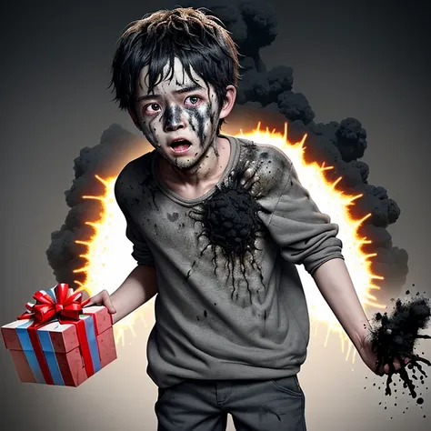 Explosion when opening birthday present、A comedy about a boy covered in soot and left in tatters.