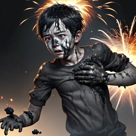 Explosion when opening a present、A comedy about a boy covered in soot and left in tatters.