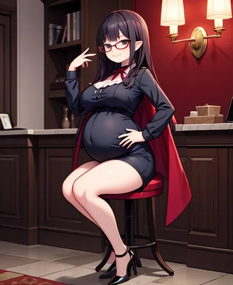 A pregnant vampire girl with a smug face, thick thighs, high heels and glasses. ((Full body))