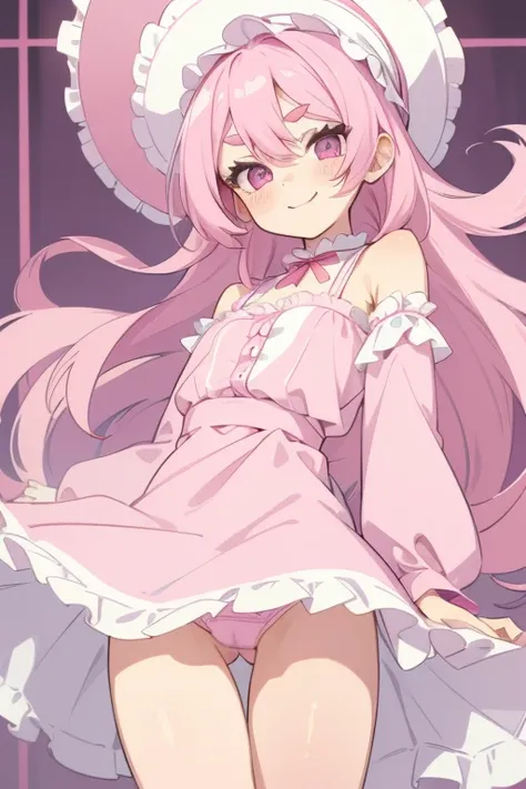 Girl with pink hair, long double-tailed hairstyle, ((small pink bushy eyebrows)), dressed in lolita clothing, marked vagina, lolicon (Zankuro) drawing style by zankuro artist, Zancro style, image uploaded to R34, looking at the camera with a flirtatious sm...