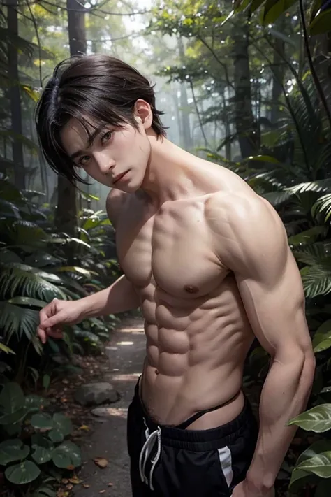 Anime boy with abs in the forest with pubes