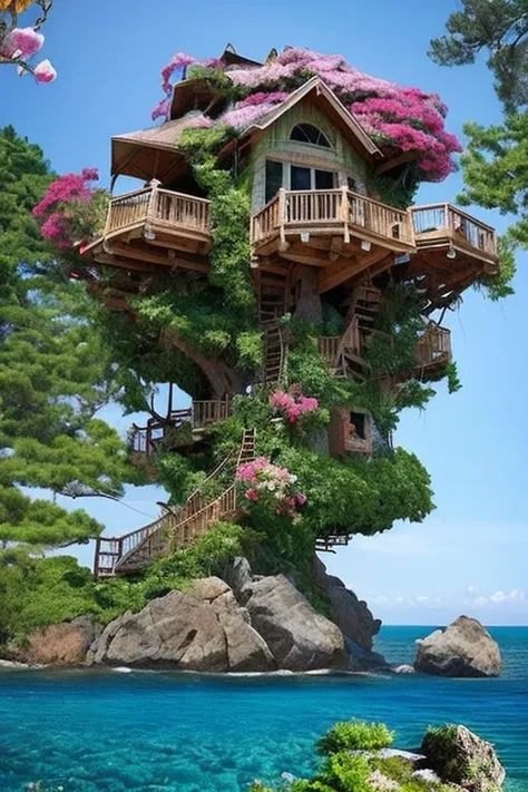 Perfection The Coolest tree house on a large rock in the middle of the sea with flowers in front of the house and trees on both sides of the house