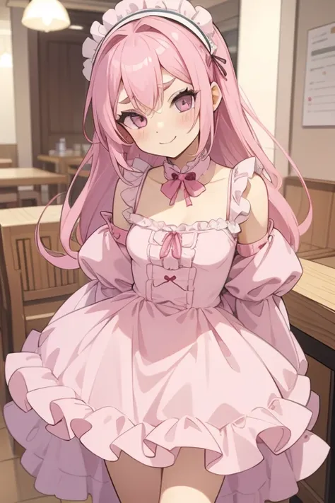 girl with pink hair, long double-tailed hairstyle, ((small pink bushy eyebrows)), dressed in lolita clothing, marked vagina, lol...