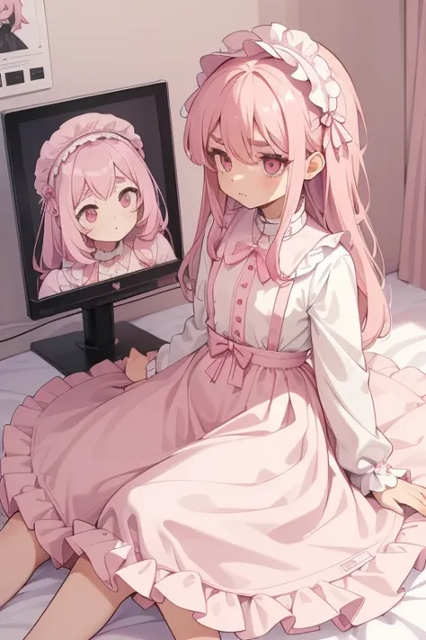 Girls with pink hair, long double-tailed hairstyle, ((small pink bushy eyebrows)), dressed in lolita clothes, marked vagina, lolicon (Zankuro) drawing style by zankuro artist, Zancro style, image uploaded to R34, changing of clothes in a room, looking away...