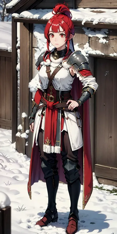 full body standing straight symmetrical, FEMALE warrior princess, big belt around waist, hair, very white skin like snow, wearing full heavy armor red cape, brown leather boots, adventurer outfit, veteran warrior