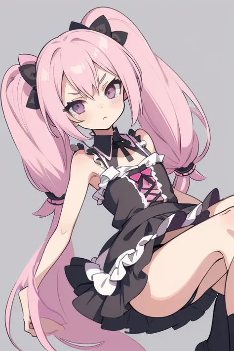 Girl with pink hair, long twintail hairstyle, small bushy eyebrows, wearing gothic lolita swimsuit, lolicon (Zankuro) drawing style by zankuro artist, Zancro style, image uploaded in R34, bikini panties wet with semen in a a street