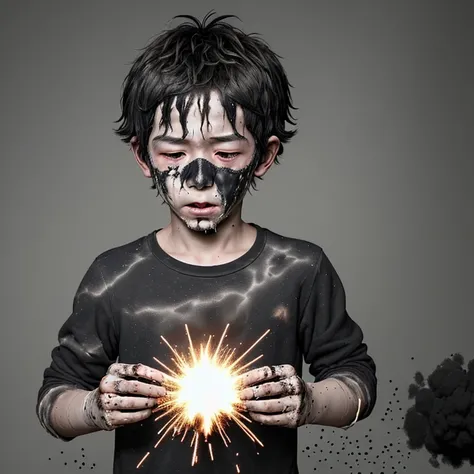 Explosion when opening birthday present、A boy covered in soot and in tatters