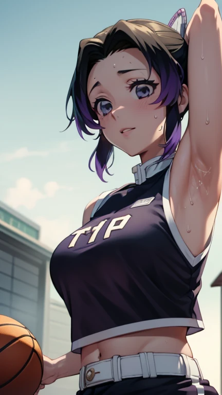 a close up of a person wearing a basketball uniform, a picture, inspired by Kentaro Miura, trending on pixiv, Shinobu Kochou, Demon Slayer, Kimetsu no Yaiba, wearing yellow nba jersey, yellow croptop nba jersey, wearing a low cut croptop, wearing croptop, ...