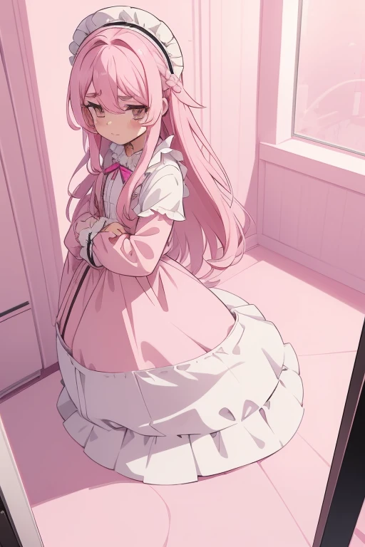 Girls with pink hair, long double-tailed hairstyle, ((small pink bushy eyebrows)), dressed in lolita clothes, marked vagina, lolicon (Zankuro) drawing style by zankuro artist, Zancro style, image uploaded to R34, changing of clothes in a room, looking away...