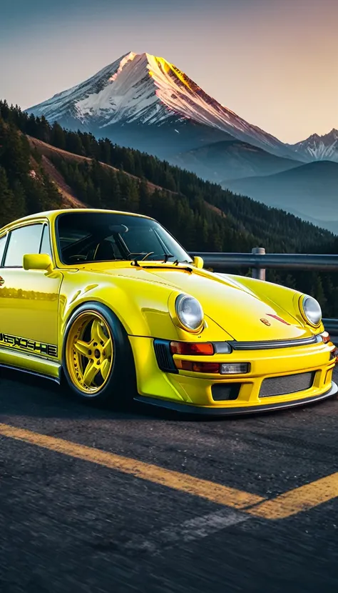 retrowave. front view Porsche 911 rwb, large wheels, slammed, wide body kit, yelow neon monitor light, Sun, Mountain, (Masterpiece, extreme detail, A high resolution,photorealistic,automotive photography) 