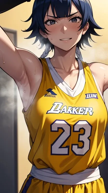 a close up of a person wearing a basketball uniform, a picture, inspired by Kentaro Miura, trending on pixiv, Soifon, Bleach, wearing yellow nba jersey, yellow croptop nba jersey, wearing a low cut croptop, wearing croptop, croptop, written "Lakers" on the...