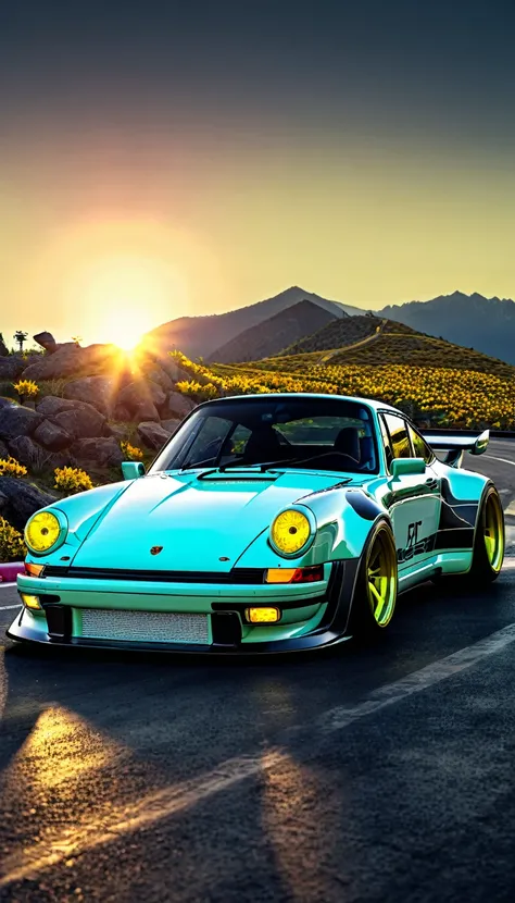 retrowave. front view Porsche 911 rwb, large wheels, slammed, wide body kit, yelow neon monitor light, Sun, Mountain, (Masterpiece, extreme detail, A high resolution,photorealistic,automotive photography)