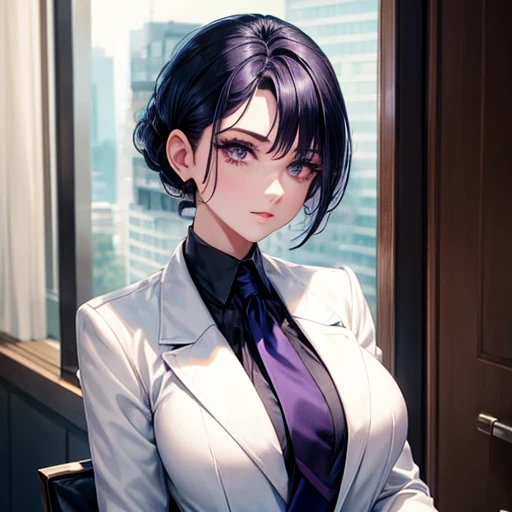 Navy blue tie　Navy blue short hair chignon　Purple eyes with long eyelashes