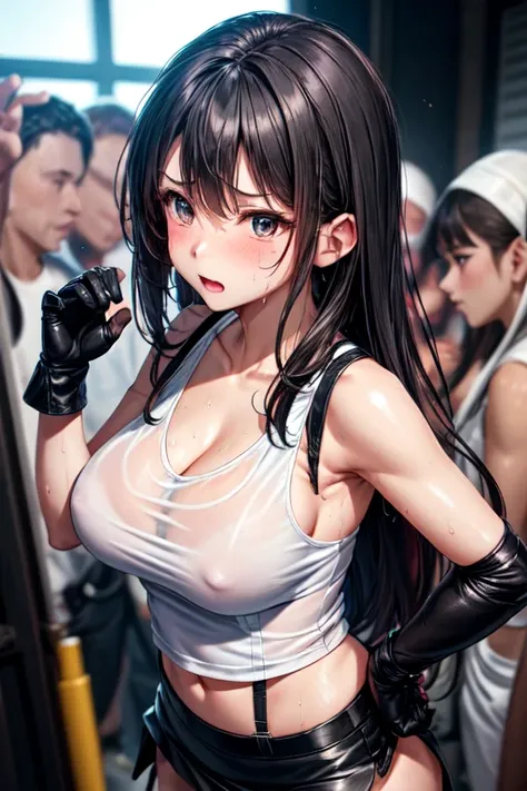 beautiful girl　Best Style　Fight the enemy　Shyness　Sweat　Black Leather Gloves　　Combat Uniform　Big Breasts　Light clothing　Martial Arts　Thin skirt　White Tank Top　black garter belt　Dirty face and clothes　White liquid all over the body　Black bra underneath a wh...