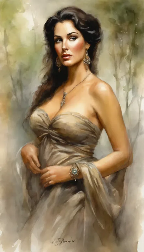 Monica Bellucci as a beautiful young maiden, standing in the rain, large breasts, long hair tied in a bun, wearing a strapless bra and a transparent sarong, wearing heavy makeup, long eye lashes, eye mascara, wearing golden ornaments, bindi, long earrings,...