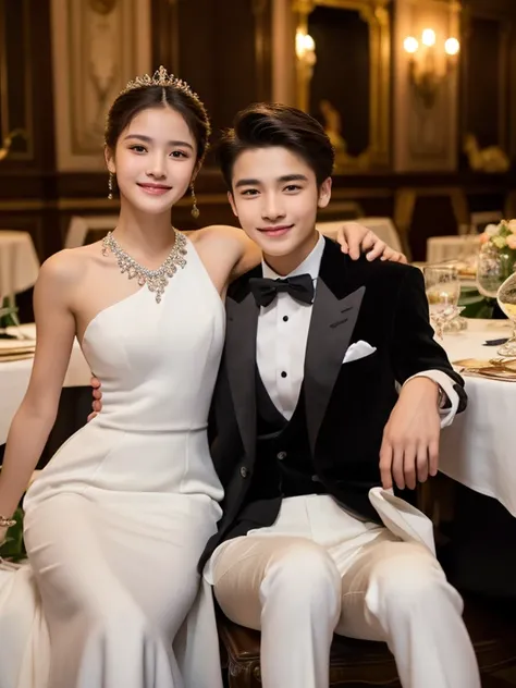 best quality，masterpiece，high resolution，HD，super clear face，sitting，a beauty，a handsome guy，wealthy couple，15 years old，dignified and elegant，High-end designer clothing，Smile，Talented，At the dinner，dance a pas de deux