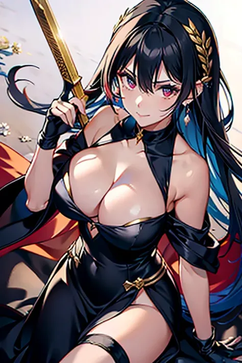 yor briar, anime style beutiful woman, 1girl, happy, sexy pause,(with sparkling eyes and a contagious smile:0.9),red face, closed mouth, beautiful detailed eyes, super detailed skin, backlighting, bare shoulders, black background, black dress, black gloves...