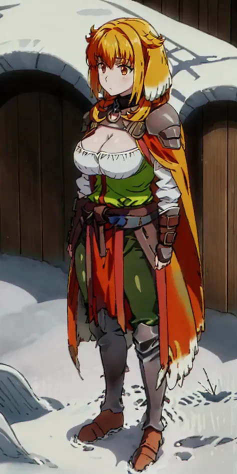 full body standing straight symmetrical, FEMALE warrior princess, big belt around waist, hair, very white skin like snow, wearing full heavy armor red cape, brown leather boots, adventurer outfit, veteran warrior