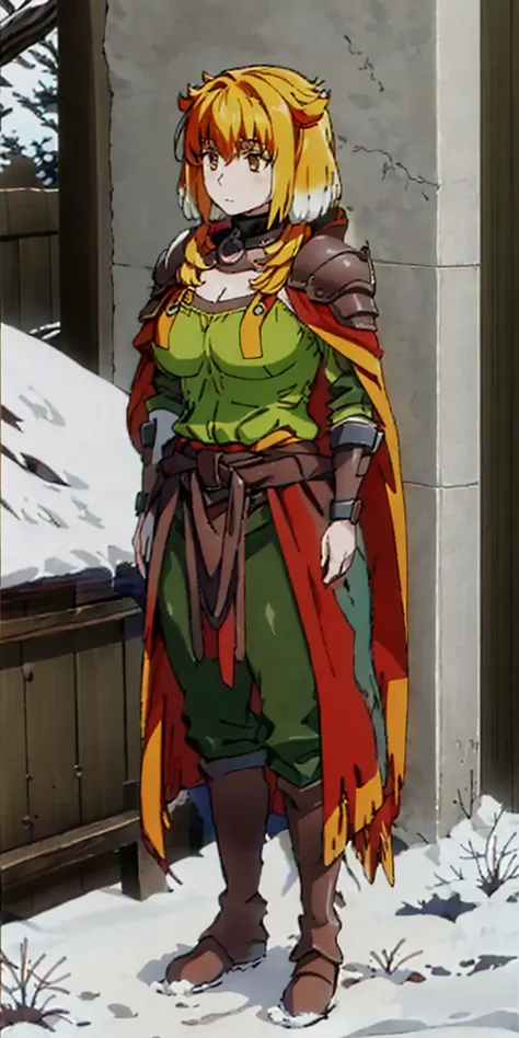 full body standing straight symmetrical, FEMALE warrior princess, big belt around waist, hair, very white skin like snow, wearing full heavy armor red cape, brown leather boots, adventurer outfit, veteran warrior