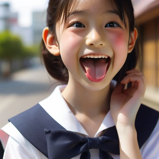 Japanese,10 years old,Summer Sailor Uniform,Look Up,Looking up,Cross-eyed,Cross-eyed,Open your mouth wide,Sticking out tongue,Showing tongue,cute,Face close-up,Bun Hair