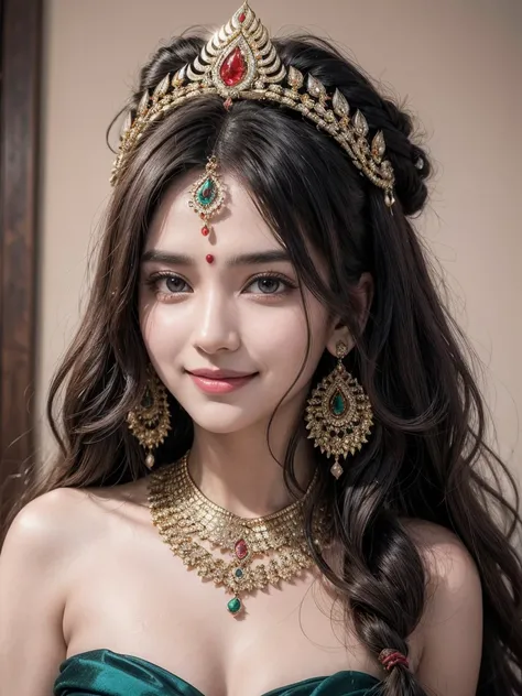 Masterpiece, 4k, best quality, upper body focus, Beautiful woman, wear indian chain headpiece, matha patti and mang tikka jewelry, smiling, long black wavy hair