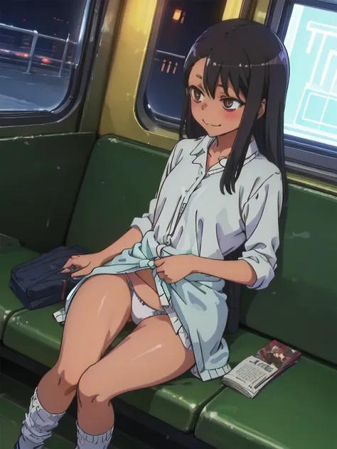 (1) Sitting alone on a long seat in a train,Spreading her legs、Showing white panties, Composition from the front,Low - Angle
(2) I&#39;m a high school student., She is wearing a uniform consisting of a miniskirt, sailor suit and loose socks..
(3) I have me...