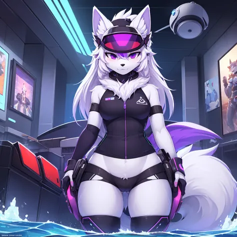 ((best quality, Masterpiece, perfect anatomy, Detailed pictures)), 1 female, arctic protogen, arctic wolf, Long visor, purple visor, purple eyes, sexy body, Big Pong, Future military clothing, fluffy tail, red red, shy, in the sea, front view